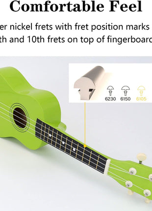 Soprano Ukulele for Kids 21 Inch Hawaiian Wood Ukelele Beginner Kit | Incl. Online Lesson Gig Bag Strap Nylon String Tuner Picks - Green Adult Starter Ukalalee Set Student Ukalelee Christmas Gift