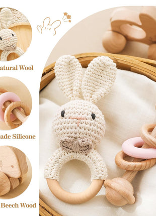 let's make Wooden Baby Rattle 3 PCS Push Car Rattle Set Crochet Rattle Ring Wooden Montessori Toy for Newborn Infant Baby Gifts (Rabbit Rattle)