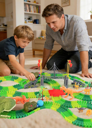 Dinosaur Race Track Toy for Kids Ages 3-6 | Flexible Track Playset with 2 Light-Up Dino Cars, 8 Dinosaur Figures, Tunnel, Bridge & Accessories, Buildable Gift for Boys