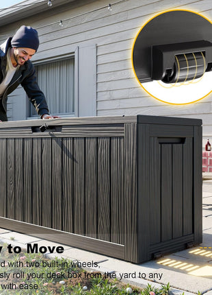 ROJIK Outdoor Storage Box with Wheels – 85 Gallon Mobile Waterproof Resin Deck Box, Lockable Storage for Patio Cushions, Garden Tools, Pool Accessories – UV-Resistant Storage Bench for Backyard & Deck