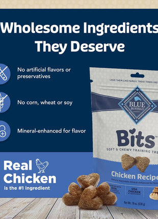 Blue Buffalo Bits Soft Dog Treats for Training, Made with Natural Ingredients & Enhanced with DHA, Chicken Recipe, 19-oz Bag (Pack of 4)