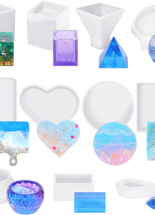 KISREL Resin Molds Kit 12PCS, Epoxy Resin Silicone Molds, Resin Mold Including Cube, Pen Container, Pyramid, Tray, Love, Round, Square, Ball, Flowerpot, Cuboid, Crystal