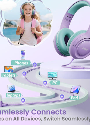 acer Kids Headphones - Over-Ear 85/94dB Volume Limiter, 3.5mm Jack Foldable Stereo Sound Headset for Toddlers Girls Boy Travel Learning Entertainment Tablet Kindle iPad PC Purple Green, HK03