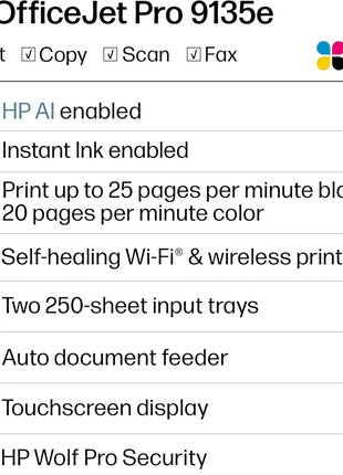 HP OfficeJet Pro 9135e Wireless All-in-One Color Inkjet Printer, Print, scan, copy, fax, ADF, Duplex printing best-for-office, 3 month Instant Ink trial included, AI-enabled (404M0A)