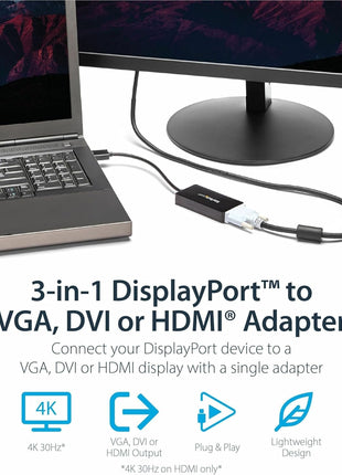 StarTech.com 3 in 1 DisplayPort Multi Video Adapter Converter - 1080p DP Laptop to HDMI VGA or DVI Monitor or Projector Display (DP2VGDVHD),VGA / DVI / HDMI (Black)