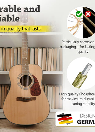 BELFORT® quality acoustic guitar strings - 6 string set - Premium coating with Phosphor Bronze (guitar strings acoustic 6 string set) BONUS: 4 Picks + 1 High E String - cuerdas para guitarra acustica