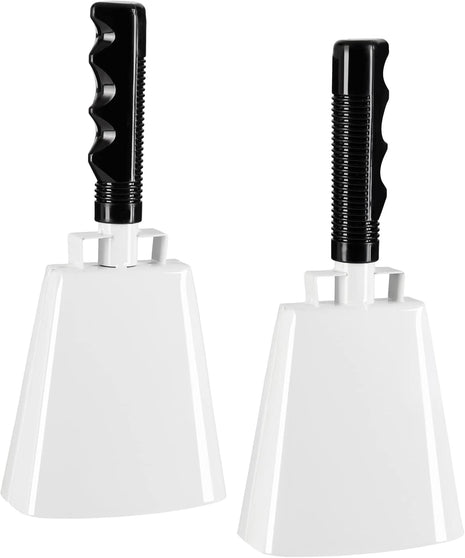 BLUE PANDA 2 Pack Cow Bells - Cowbells for Sporting Events - Percussion Noise Makers with Handle for Football Games, Stadiums (White Cowbell) 9.5-inch Cow Bell