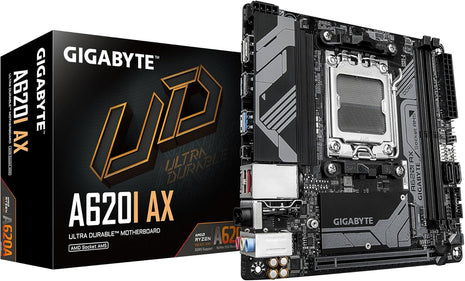 GIGABYTE A620I AX (AM5/ LGA 1718/ AMD/ A620/ Mini-ITX/ 5-Year Warranty/ DDR5/ Single M.2/ PCIe 4.0/ USB 3.2 Gen1 Type-C/Realtek Wi-Fi 6E/ Realtek 2.5GbE/ Q-Flash Plus/PCIe EZ-Latch/Motherboard)