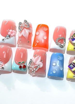 RIICFDD French Press on Nails Orange 5D Flower Art Handmade Duck Nails