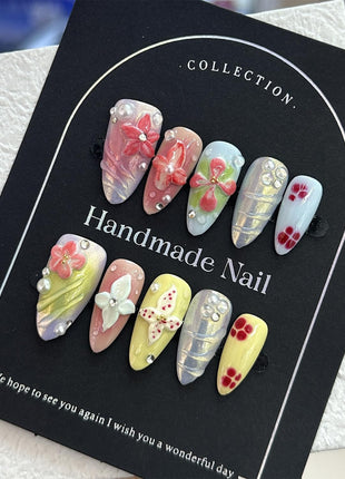 Handmade Medium Almond Nails Thick Press on Nails Aurora Colourful Fake Nails with 3D Tropical Flower Art Design Reusable Acrylic False Nails, Nature Stick on Nail for Wome (Size S)