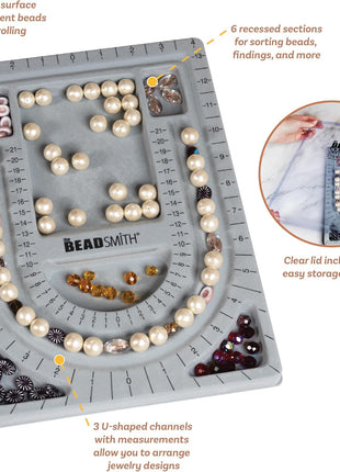 The Beadsmith Bead Board with Cover, Grey Flocked | 3 U-Shaped Channels, 6 Recessed Compartments,13.25 x 9.75 inches, Design Boards for Creating Bracelets, Necklaces and More