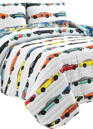 Lush Decor Race Car Kids' 3-Piece Quilt Bed Set, Reversible Bedding Set for Boys, White, Full/Queen