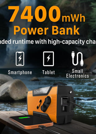 FosPower NOAA Emergency Weather Radio A1 7400mWh Portable Power Bank, AM/FM, USB/Solar/Hand Crank Charging, Battery Operated, SOS Alarm & Flashlight for Indoor/Outdoor Emergency - Orange
