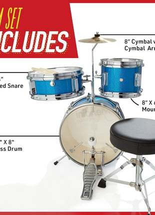 Mendini By Cecilio 13 Inch Drum Set, 3-Piece Junior Drum Set - Sky Blue | Drum Set for Beginners with Bass, Tom, Snare Drum,Cymbal, Drumsticks, Adjustable Padded Seat