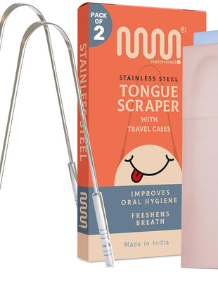 MasterMedi Tongue Scraper for Adults with Multicolor Travel Cases (2 Pack), 100% Stainless Steel, Reduce Bad Breath, Tongue Scrubber, Easy to Use, Tongue Cleaner for Oral Care & Hygiene