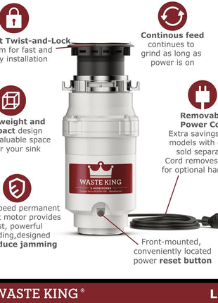 Waste King Garbage Disposal for Kitchen Sink with Power Cord, Compact Food Waste Disposer, L-111