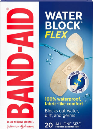 BAND-AID Brand Water Block Flex 100% Waterproof Adhesive Bandages for First-Aid Wound Care of Minor Cuts, Scrapes & Wounds, Ultra-Flexible Design, Sterile, All One Size, 20 ct