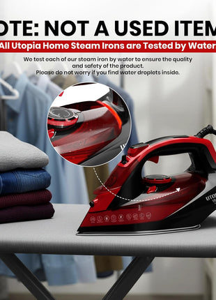 Utopia Home Steam Clothes Iron - 1800W (Black Red) Non-Stick Soleplate | Nonstick Soleplate With Auto-Off Safety Feature - Adjustable Thermostat Control, Variable Steam Control, Self-Clean, 8ft Cord