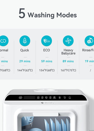 ecozy Portable Dishwasher Countertop, Mini Dishwasher with a Built-in 5L Water Tank, No Hookup Needed, 6 Washing Programs, Extra Air Drying Function for Apartments, Camping and RV