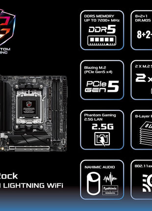 ASRock B650I Lightning WiFi AMD AM5 Mini-ITX Motherboard, Supports AMD Ryzen 9000/8000/7000 Series Processors, DDR5 7200+ (OC), PCIe 5.0 M.2, 2.5G LAN, WiFi 6E, 8+2+1 Power Phase