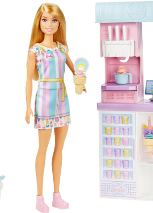 Barbie Careers Playset, Ice Cream Shop Set with Blonde Fashion Doll, Ice Cream Machine, Molds, Dough & Accessories