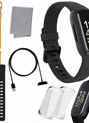 Fitbit Inspire 3 Health & Fitness Tracker Bundle - with Stress Management, Workout Intensity, Sleep Tracking, 24/7 Heart + 2 Silicone Bands, 2 Screen Protectors, Cleaning Cloth & Fast Charger