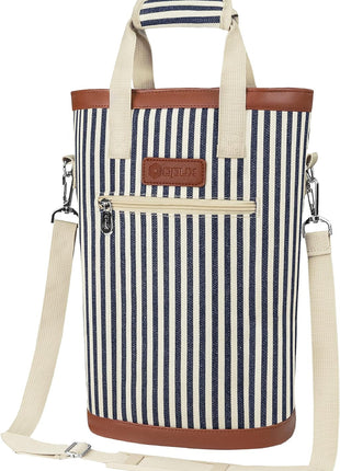 opux Two Bottle Wine Bag Carrier Tote, Insulated Leakproof 2 Bottle Wine Cooler Bag for Travel BYOB Picnic, Portable Wine Case, Gift for Men Women Wine Lover Birthday Party Christmas, Navy Stripes