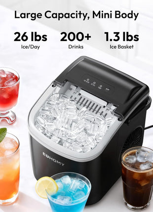 EUHOMY Countertop Ice Maker Machine with Handle, 26lbs in 24Hrs, 9 Ice Cubes Ready in 6 Mins, Auto-Cleaning Portable Ice Maker with Basket and Scoop, for Home/Kitchen/Camping/RV. (Black)
