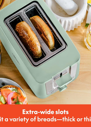 BELLA 2 Slice Toaster with Auto Shut Off   Extra Wide Slots & Removable Crumb Tray and Cancel, Defrost & Reheat Function   Toast Bread, Bagel & Waffle, Sage