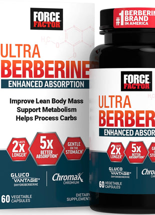 Force Factor Ultra Berberine Enhanced Absorption | with Ceylon Cinnamon, Dihydroberberine & Chromium, 5X Better Absorption, Lasts 2X Longer, 60 Vegetable Capsules