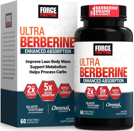 Force Factor Ultra Berberine Enhanced Absorption | with Ceylon Cinnamon, Dihydroberberine & Chromium, 5X Better Absorption, Lasts 2X Longer, 60 Vegetable Capsules