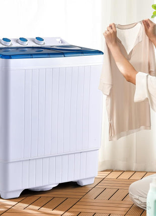 COSTWAY Portable Washing Machine, Twin Tub 26lbs Capacity Laundry Washer, 18lbs Washer and 8lbs Spinner Combo with Timer Knobs, Built-in Drain Pump, Compact Washer for Home Dorm Apartment, Blue+White