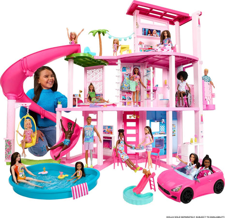 Barbie DreamHouse, Pool Party Doll House | 75+ Pieces and 3-Story Slide, Barbie House Playset, Pet Elevator and Puppy Play Areas