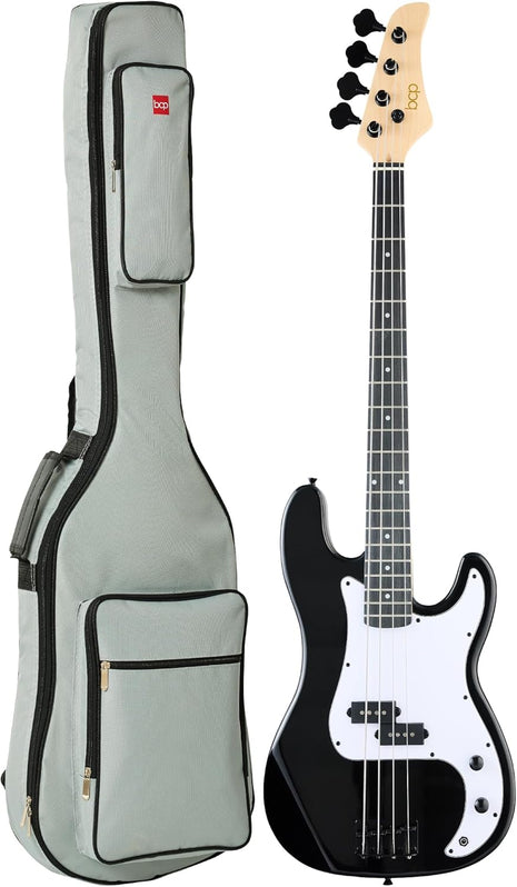 Best Choice Products Full Size Beginner 4-String Electric Bass Guitar, Wooden PB-Style Bass Starter Set w/Padded Carrying Case - Black/White