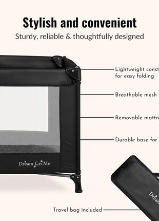 Dream On Me Nest Portable Playard, Lightweight, Foldable, Carry Bag, Black | Breathable Mesh Sides, ASTM Tested for Infants & Toddlers, 30 Lb Limit, Removable 1" Mattress Pad, For Indoor & Outdoor Use