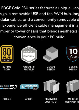 Lian Li EDGE1200W Fully Modular Low-Noise ATX Power Supply - ATX 3.1 & PCIE 5.1 Compliant - Cybenetics Gold Efficiency - 12V-2x6 Cable - L-Shape Design - with USB/Fan Hub - Black (EG1200G.BH)