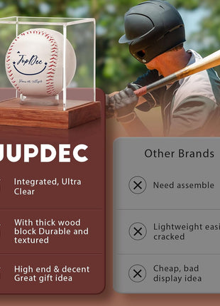 Baseball Display Case - Clear Cube Baseball Holder with Wooden Base, Autograph Stand Box for Single Ball, Acacia Wood, Brown, 1 Pack