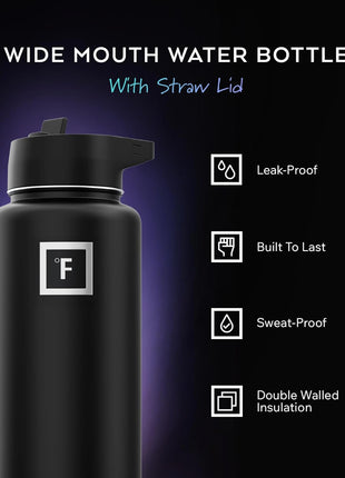 IRON °FLASK Camping & Hiking Hydration Flask with Straw, Wide Mouth Insulated Stainless Steel Sports Water Bottle - 32 oz Midnight Black
