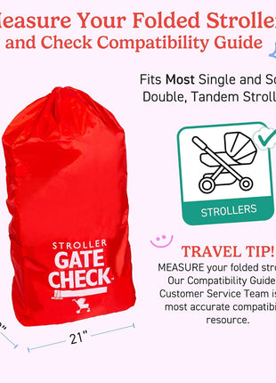 J.L. Childress Gate Check Bag for Single & Some Double Strollers - Travel Bag for Airplane, Fits Most Standard Baby Strollers, Airport Accessories for Gate Check, Flying Essentials - Red