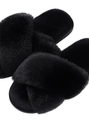 Evshine Women's Fuzzy Slippers Cross Band Memory Foam House Slippers Open Toe Indoor Outdoor Shoes, White, 38-39 (Size 7-8)