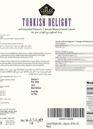 Cerez Pazari Turkish Delight Candy With Assorted Flavors 16 oz, Gourmet Snacks Gift Box, No Nuts Sweet Traditional Confectionery Vegan Candy Dessert Lokum Loukoumi Approx.33-38 pcs