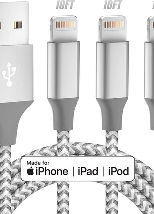 iPhone Charger 3pack 10FT Apple MFi Certified Long Lightning Cable Fast Charging High Speed Data Sync USB Cable Compatible iPhone 14 13/12/11 Pro Max/XS MAX/XR/XS/X/8/7/Plus/6S (Grey White)