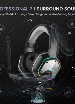 EKSA E1000 USB Gaming Headset for PC, Computer Headphones with Microphone/Mic Noise Cancelling, 7.1 Surround Sound, RGB Light - Wired Headphones for PS4, PS5 Console, Laptop, Call Center