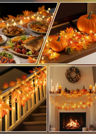 Fall Decor 2 Pack Lighted Fall Garland, Total 16.4ft 40 LED Thanksgiving Decorations Halloween String Lights, Friendsgiving Gift Thanksgiving Decor for Home Holiday Autumn Garland Indoor