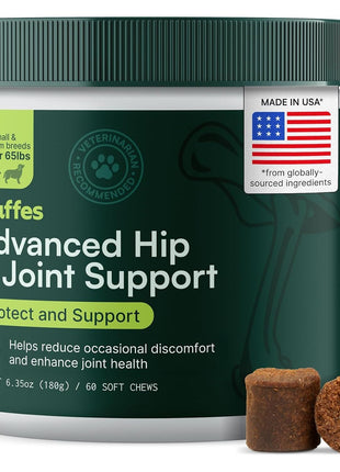 Wuffes Advanced Dog Hip and Joint Supplement with Glucosamine, Chondroitin, Omega 3, MSM, and Green Lipped Mussel, 60 Pork Flavored Chews for Small and Medium Dog Breeds
