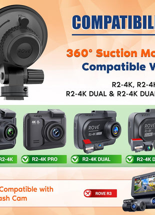 ROVE Suction Cup Mount for R2-4K, R2-4K PRO and R2-4K Dual Dash Camera Models
