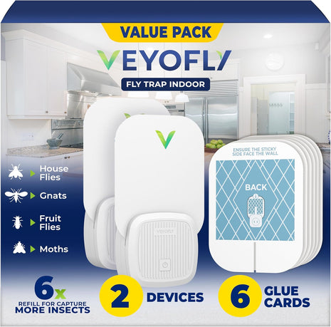 VEYOFLY Fly Trap Indoor, Fruit Fly Traps for Indoors Flying Insect (2 Device + 4 Refills) Gnat Traps for House Indoor, Bug Zapper Indoor, Gnat Killer Catcher & Fruit Fly Killer Light Plug in