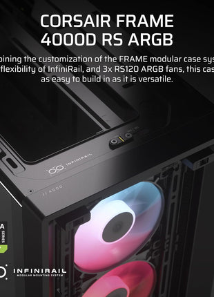 CORSAIR 4000D RS ARGB Frame Modular Mid-Tower ATX PC Case, High Airflow, 3X Pre-Installed RS Fans, InfiniRailTM Mounting System, ASUS BTF, MSI Zero, Gigabyte Stealth, Black
