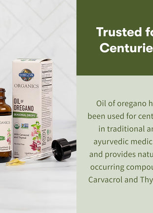 Garden of Life Organics Oil of Oregano Seasonal Drops 1fl oz (30 mL) Liquid, Concentrated Plant Based Immune Support - Alcohol-Free, Organic, Non-GMO, Vegan & Gluten Free Herbal Supplements