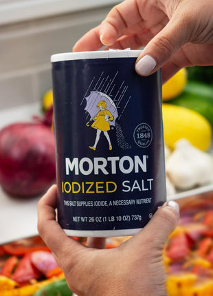 Morton Salt Iodized, All-Purpose Iodized Salt, 26 oz, 2-Pack | Table salt, a seasoning ingredient with no clumps and an easy-pour spout, a salt with iodine, perfect for cooking & table use
